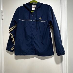 VTG 90’s Mens Hooded Mesh Lined Small Blue Yellow Adidas Jacket 3 Stripes.